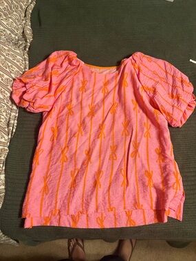 Bright Pink Puff Sleeve Top with Orange Bow Print